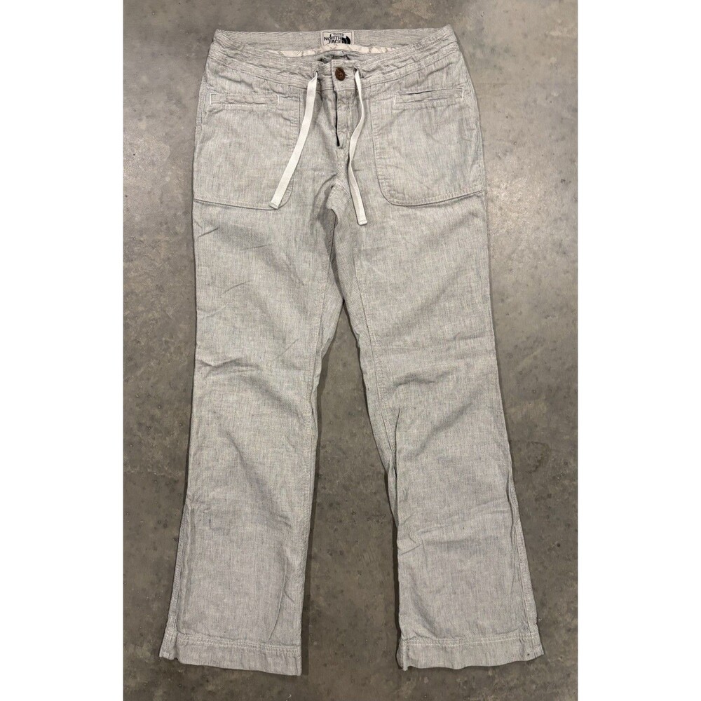 The North Face Women Sz 6 Linen Cotton Gray Pinstriped Pants Boot Cut Low Rise